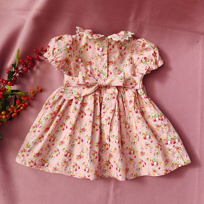 

2021 New Baby Girls Smocked Dress Kids Spain Smock Floral Frock Toddler Princess Clothes Cotton Girls Hand Made Smocking Dresses