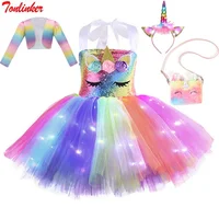 Child Birthday Party Glowing Unicorn Costume Girls Kids Sequin Rainbow LED Lights Tutu Dresses World Book Day Fancy Dress Up