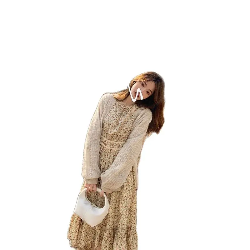 

Women's 2022 summer new Korean little sister round neck long sleeve skirt girl style fresh floral skirt dress