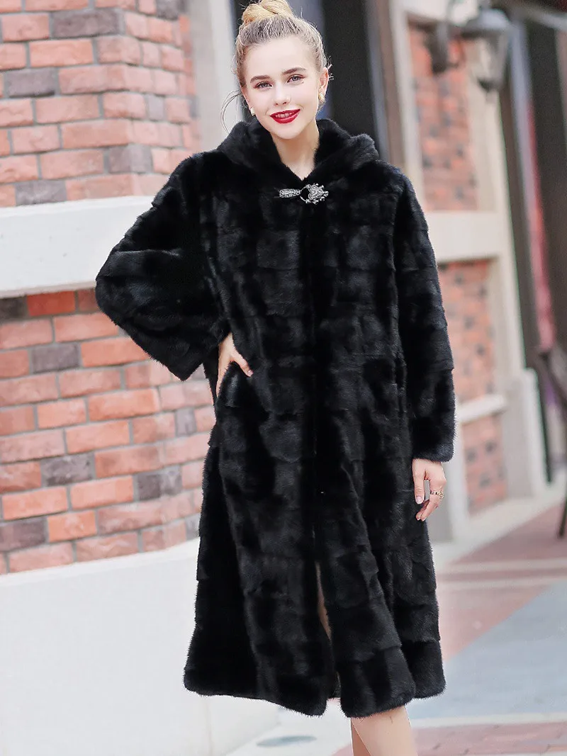 110 см Натуральная норковая шуба куртка с капюшоном зимняя женская меховая