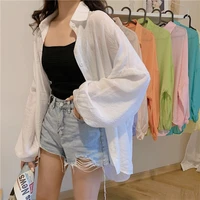long lantern sleeve white shirt button casual vintage loose tops summer sun protection women korean clothing