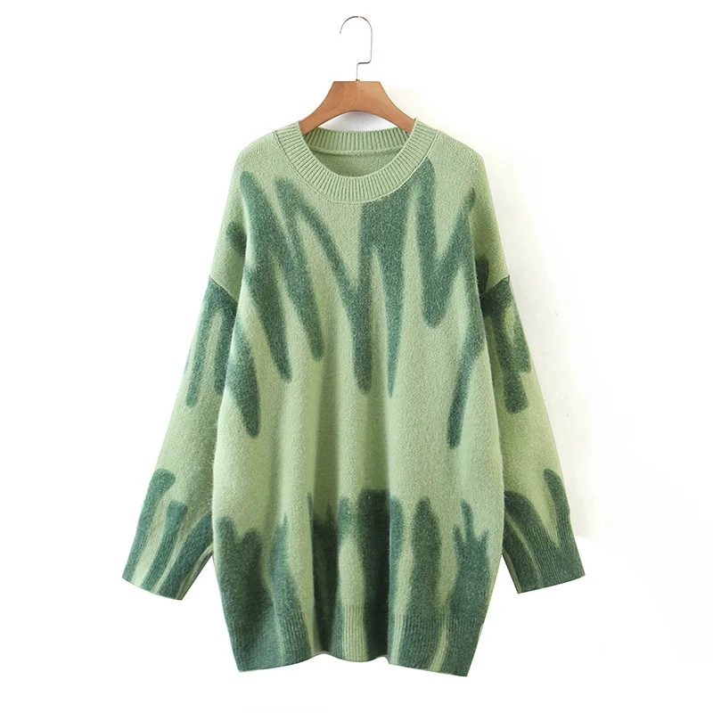 

Women Knitted Sweater Vintage Green Striped Print Sweater Oversized Pullovers Winter Streetwear Long Sweaters Tie Dye Outerwear
