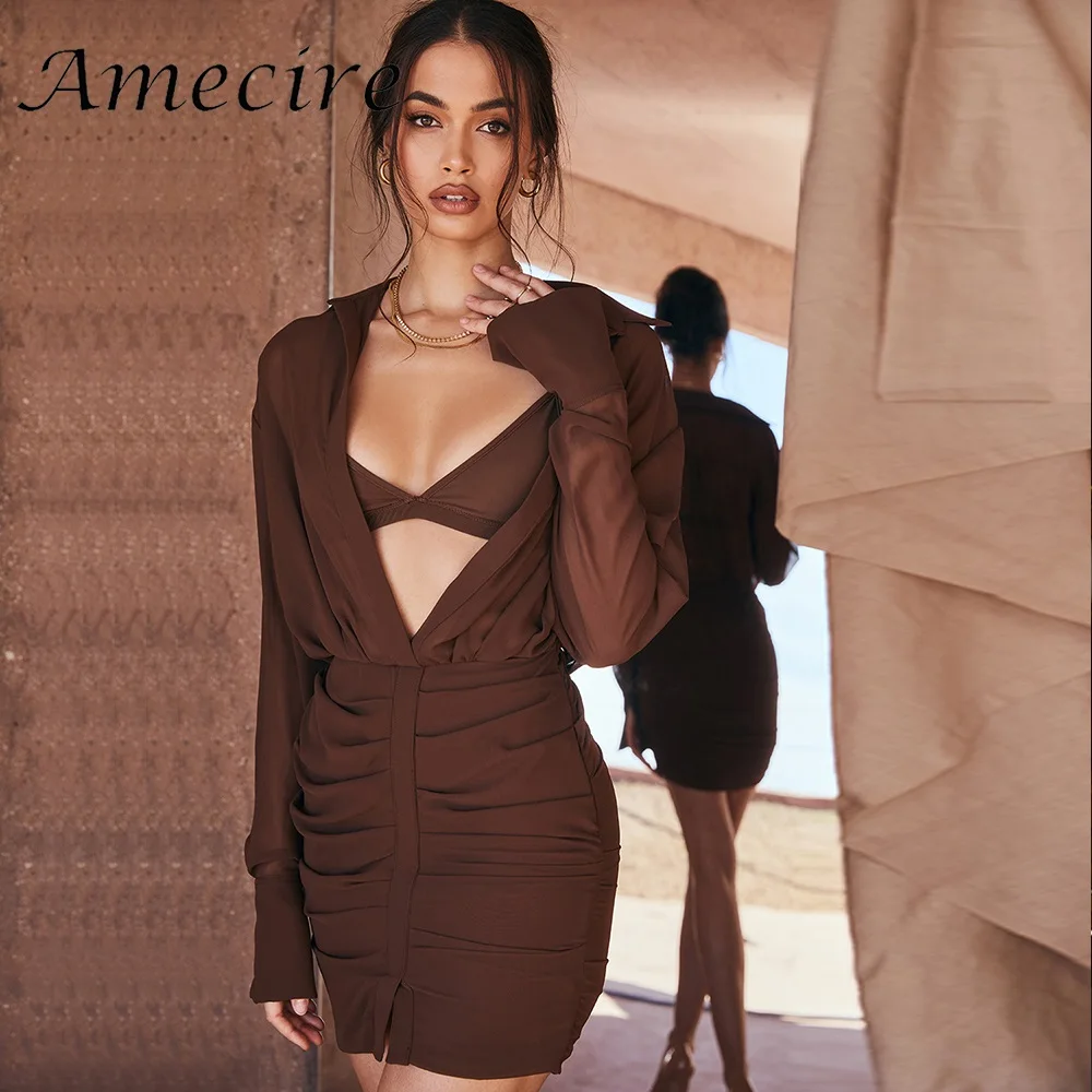 

Amecire Chiffon V Neck 2 Pieces Women Shirt Dress Long Sleeves Bodycon Mini Daily Date Outfits Pleated Autumn Fashion Casual