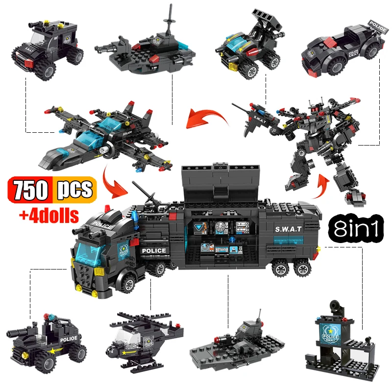 

750 Pcs of Police SWAT Truck Building Blocks City Military Robot Men's Police Plane High-tech DIY Educational Kids Toys