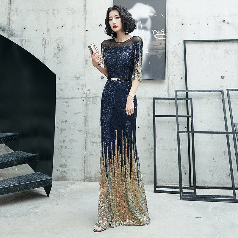 

Black Women Sexy Queen Banquet Dresses Exquisite Sequins Mermaid Evening Party Dress Tassel Floor Length Qipao Robe De Soiree