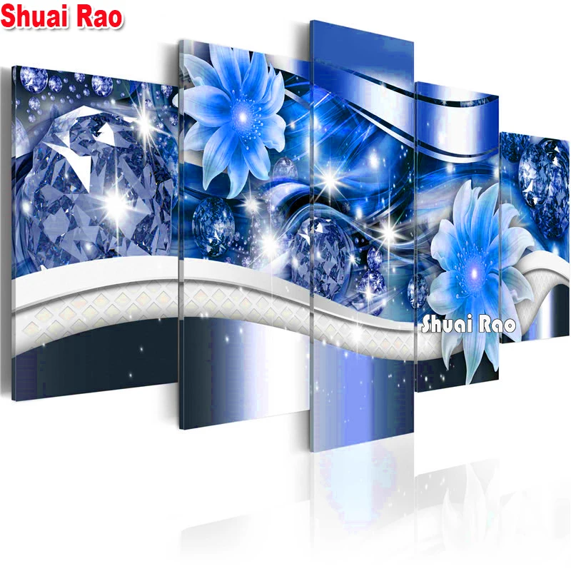 

5 Pieces Blue Magnolias Flowers 5D DIY Full Drill Diamond Painting Multi-Picture Cross Stitch Diamond Embroidery Kit Walll Art