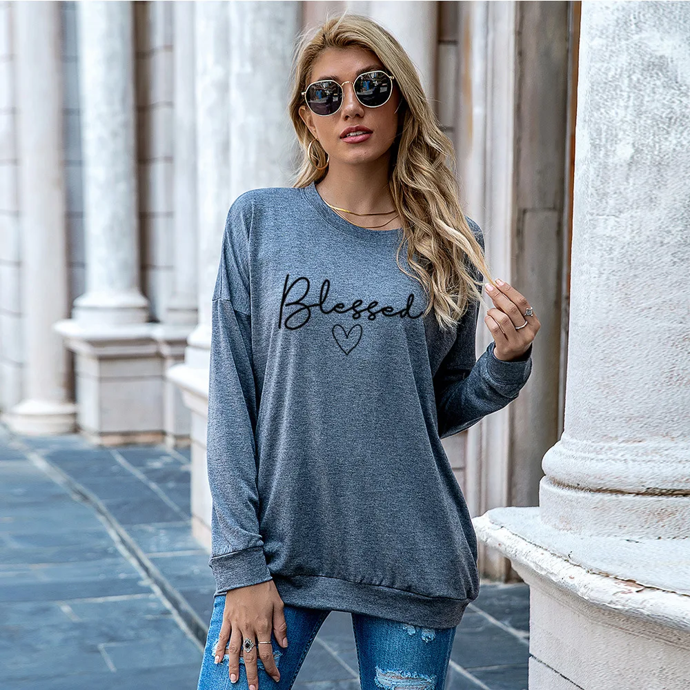 

JFUNCY Blessed Letter Print Long Sleeve T Shirt Women's Autumn Pullover Lady Loose Tee Shirts Female Tops Plus Size T-shirt