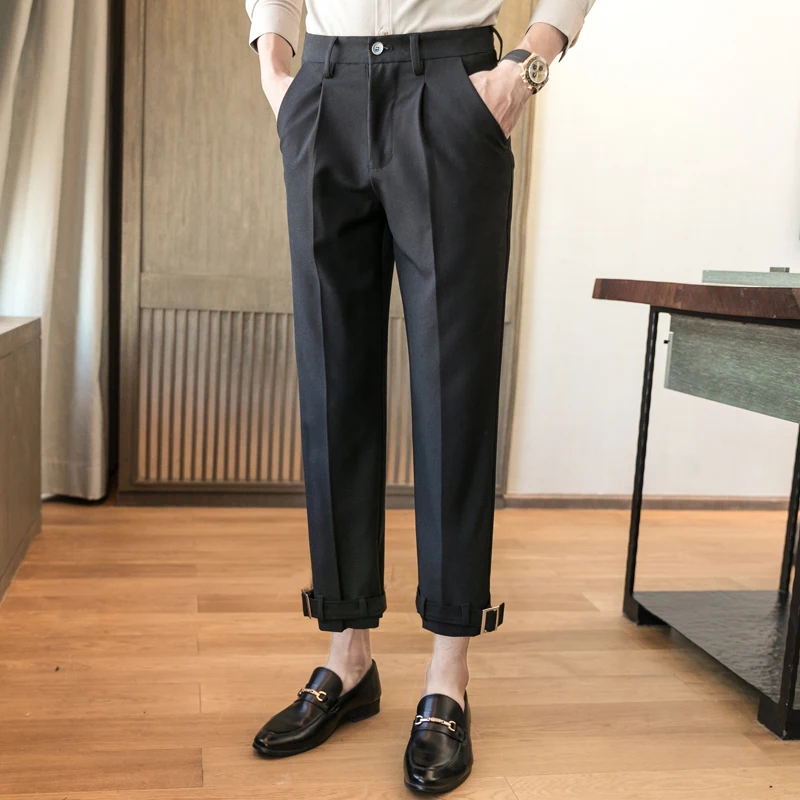 

Men Business Casual Solid Color Suit Pant Male Streetwear Ankle-length Trousers Adjustable Hem Fashion Pleated Zipper Fly K73