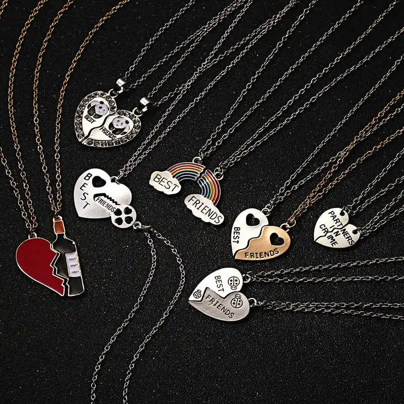

Women 2 pcs/set Splicing Broken Heart Best Friend Necklace Rainbow Key Panda Pendant Silver Color Chain Lovers Jewelry Gift
