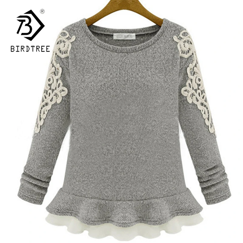 2019 зимний женский кружевной лоскутный свитер пуловер с длинным рукавом