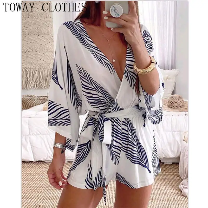 

Summer Women Causal V-Neck Leaf Print Short Sleeve Lace-up Rompers