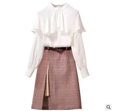 

Autumn Fashion 2 Piece Set Long Sleeve White Shirt+Plaid Skirts Set Women Winter Clothes Two Piece Outfits Casual 2 Pcs Sets