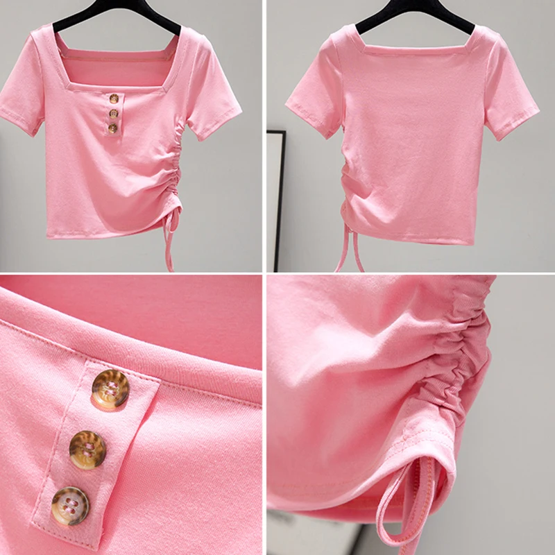 

LJSXLS Drawstring Square Collar Women's T-shirt Summer Slim Cotton Tees Chic Button Short Sleeve Crop Top Solid Casual Tee Shirt