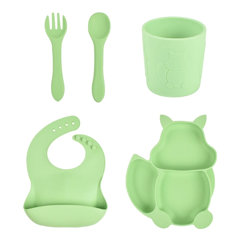 5 Pcs Baby Silicone Bib Divided Dinner Plate Spoon Fork Cup Set Training Feeding Food Utensil Dishes Tableware Kit for Newborn | Мать и