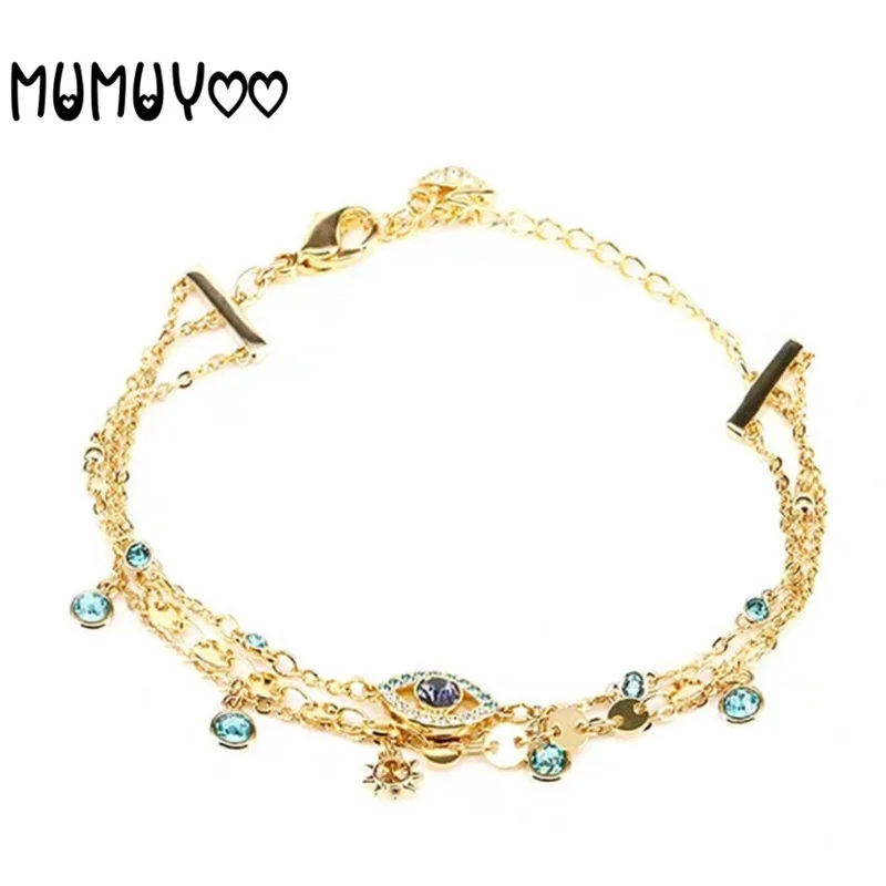 

SWA Fashion Jewelry Charm Bohemian Multilayer Blue Crystal Bracelet Female Retro Devil Eye Three Layer Bracelet Female