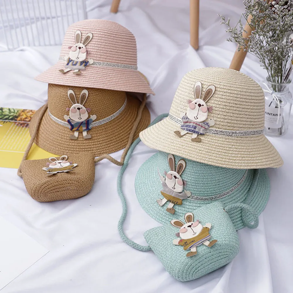 

Kids Girls Large Wide Brim Straw Woven Sun Protection Beach Hat Colorful Rabbit Summer Floppy Bucket Cap Portable Handbag