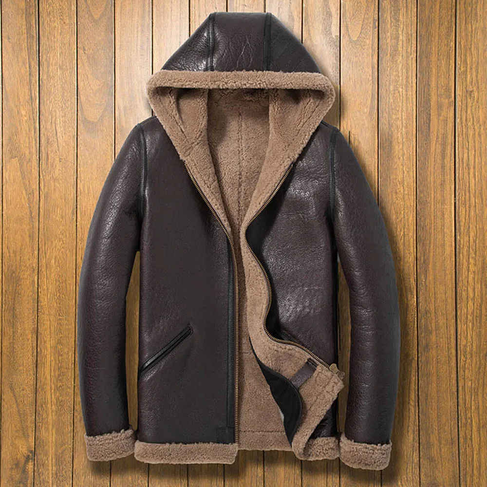 Шуба LUHAYESA мужская с капюшоном теплая натуральная овчина кожа коричневый черный