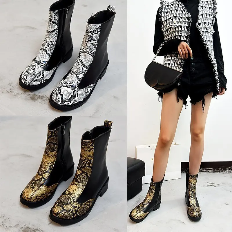 

Women Zipper Boots Square Heel Platform Snake Print Ankle Boots Fashion Ladies Sexy Shoes Round Head Women Boots Winter Boots
