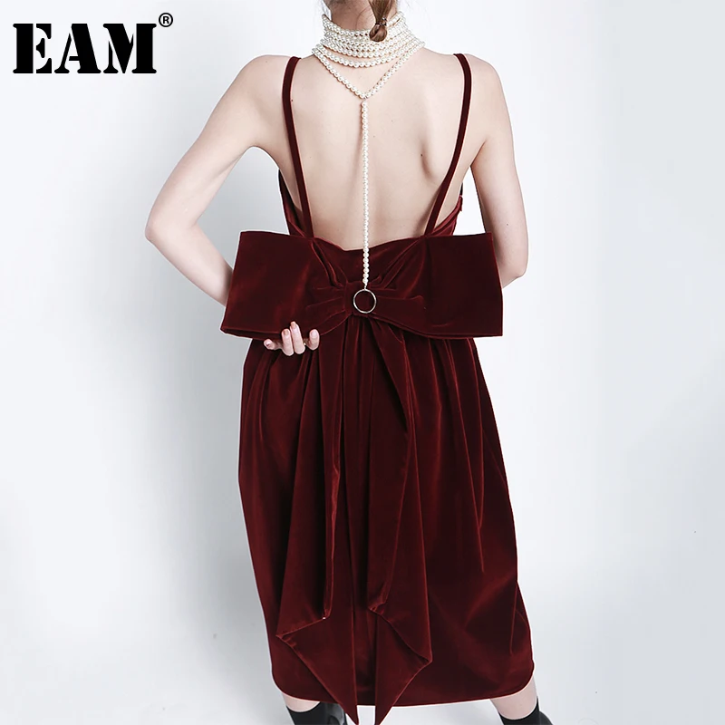 

[EAM] женское вельветовое платье с открытой спиной, украшенное большим бантом, на бретельках, новое модное весенне-осеннее платье без рукавов ...