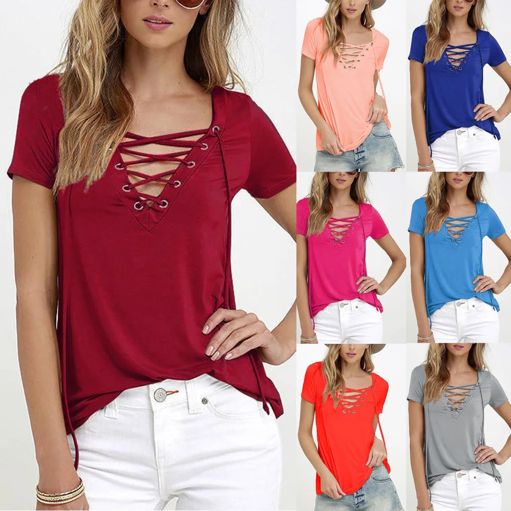 Модная женская летняя футболка с v-образным вырезом и коротким рукавом