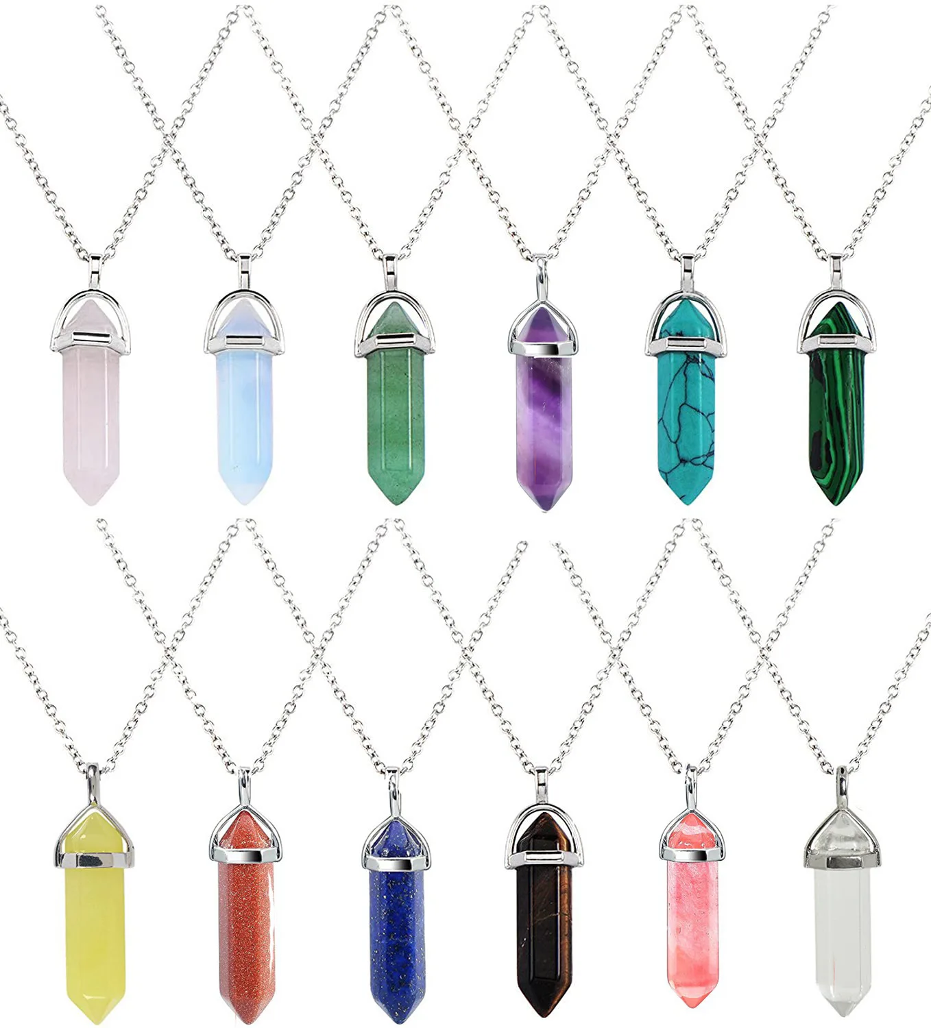 

24PCS/Lot Natural Stone Quartz Crystal Opal agates Hexagonal Column Pendulum Pendant Chains Necklace Fashion charms Pendant