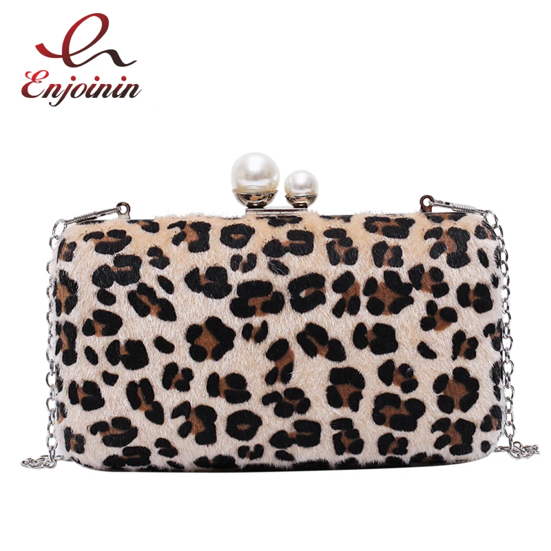 

New Leopard Pearl Buckle Box Fashion Women's Handbags Evening Bag Shoulder Bag Crossbody Mini Bag Girls' Casual Chain Purse Bag