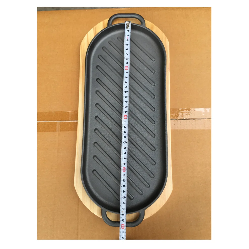 

Iron Steak Plate Steak Frying Pan Non-stick Cooking Grill Pan with Wooden Tray