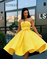 sky yellow homecoming dress 2020 satin a line off the shoulder knee length graduation dresses short party gowns homecoming dress