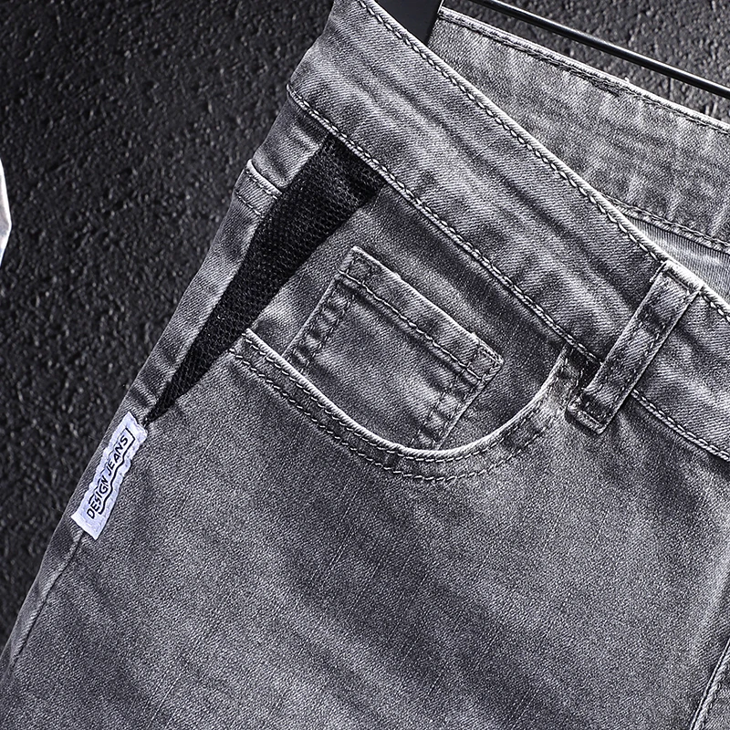 Korean Style Fashion Men Jeans Retro Gray Elastic Simple Casual Denim Pencil Pants Streetwear Spliced Designer Slim Jeans Men