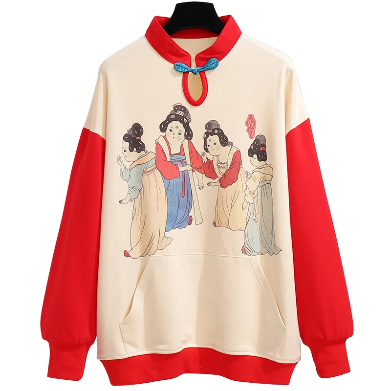 

L-4XL Plus Size Chinese Style Women's Sweatshirts Autumn Hollow Out Stand Collar Long Sleeve Patchwork Print Pullovers A4408