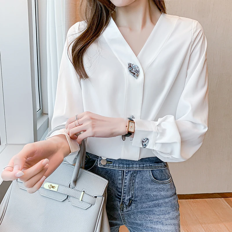 

2021 Women Summer Fashion Elegant Solid Button Office Lady Top Shirts Sexy Deep V-neck Button Chiffon Long Sleeve Blouses