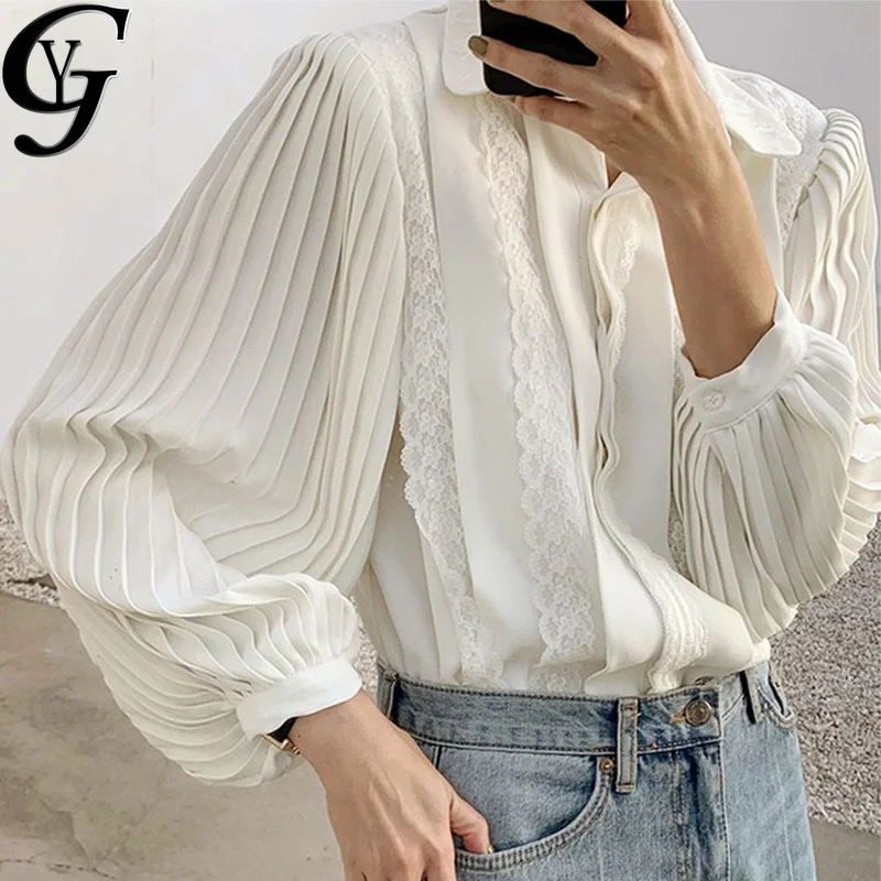 

2021 Ulzzang модные белые рубашки с рукавами-фонариками и плиссировкой, женская блузка, элегантная офисная одежда в офисном стиле, женская блузка...