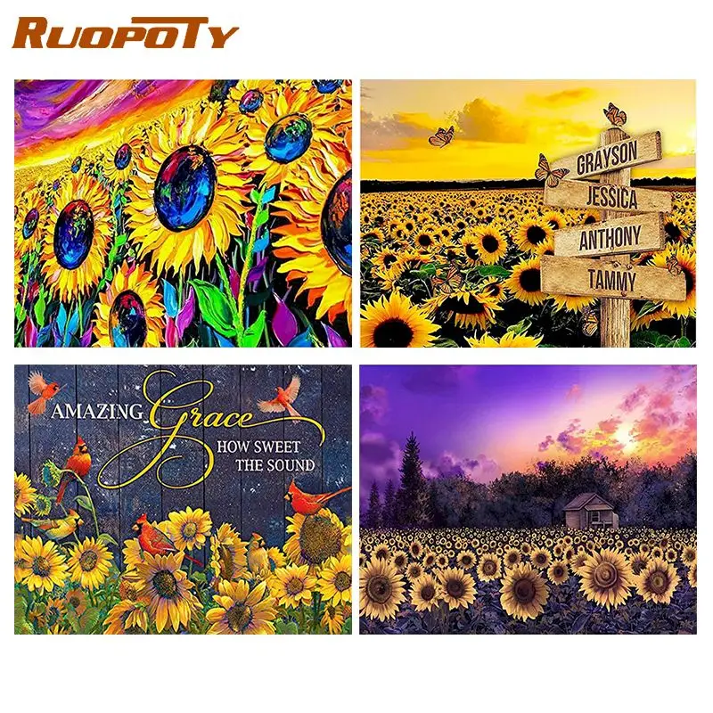 

RUOPOTY Framed Painting By Numbers Flowers Oil Painting By Numbers sunflowers on Canvas Home Decor gift