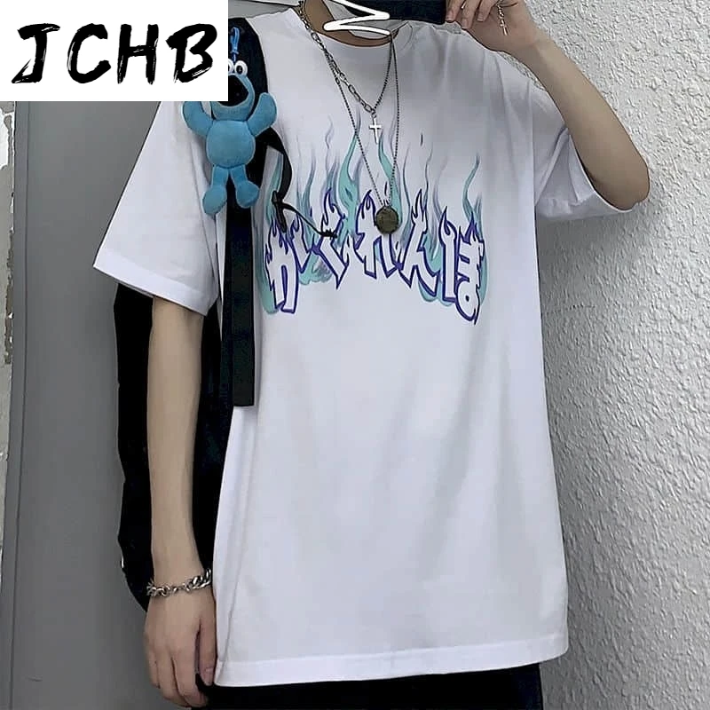 

2021 Summer Harajuku T-shirts Women Gothic Tops Printed Fire Men's Tee Shirts Unisex Streetwears Casual Clothing