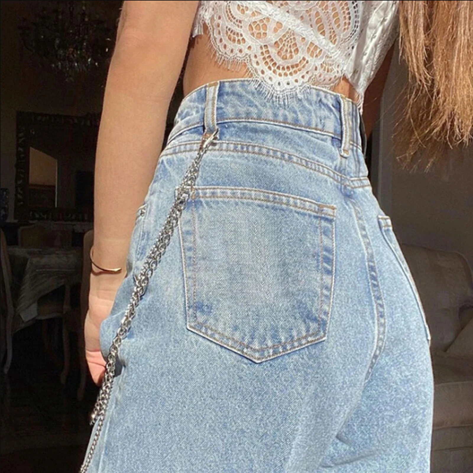 

DEWADBOW High Waist Women's Denim Pants Button High Waist Pocket with Chain Jeans Loose Destroyed Hole Mom Vintage Slim Trousers