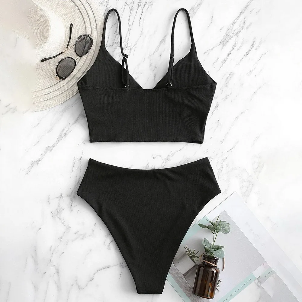 

Two-piece Fashion Bikini Set Swimwear Women Swimsuit Sexy Bandeau Bandage High Waist Set Push-up Brazilian Solid Bikini 2021