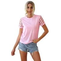 ladies summer o neck tops hook flower hollow short sleeve t shirt women solid color personality casual straight female tees