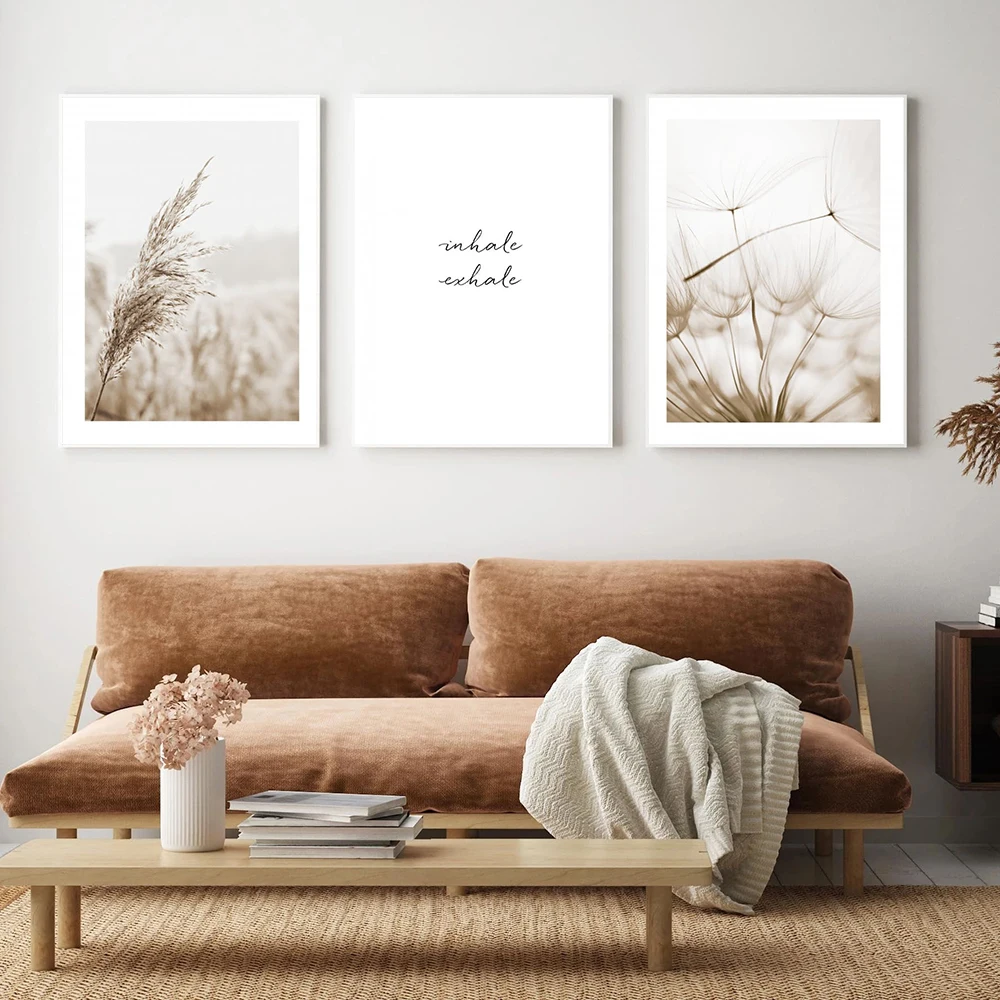 Картина на холсте с изображением бежевого одуванчика и травы Постер в богемском