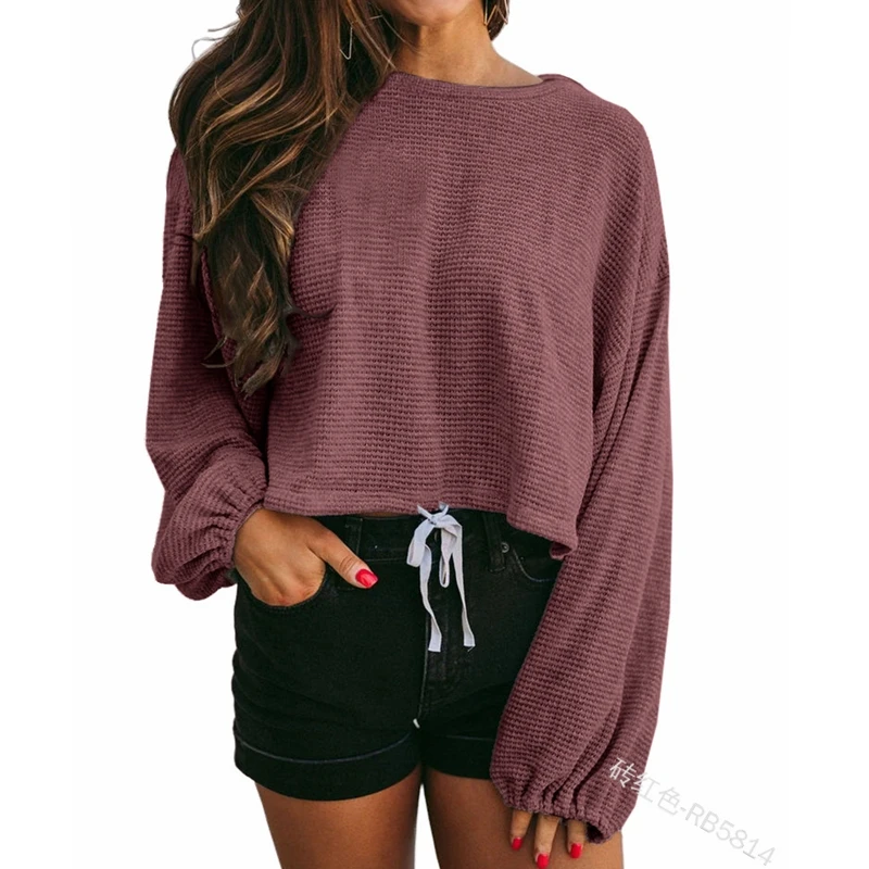 

WEPBEL T-shirt Women's Casual Solid Color Loose Cropped T-shirt Spring Summer Fashion Lantern Sleeve O-Neck Pullover T-shirt