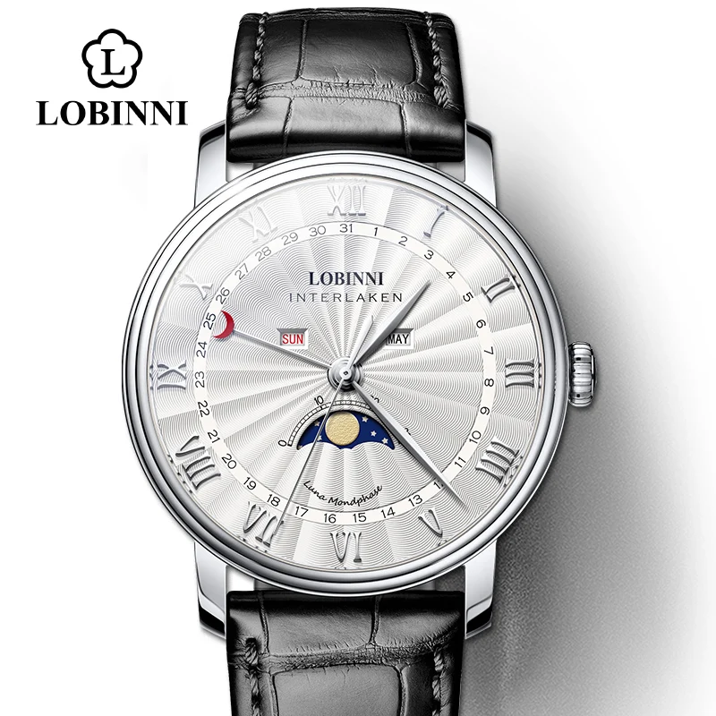 Switzerland LOBINNI мужские часы люксовый бренд сапфировые водонепроницаемые Montre Moon Phase