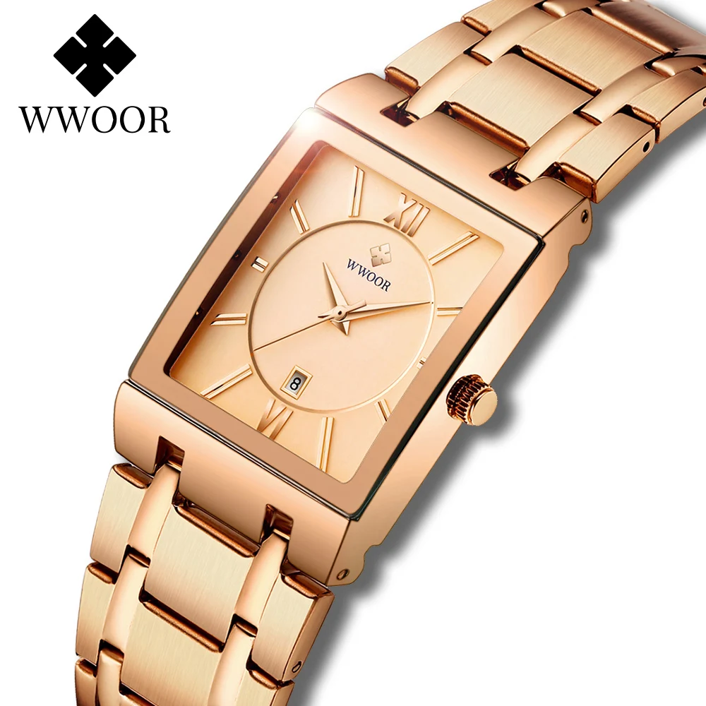Ladies Wrist Watches 2021 WWOOR Top Brand Luxury Rose Gold Women's Quartz Dress Watch For Female Square Sports Clock Reloj Mujer