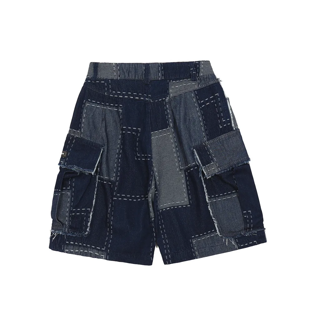 Men's Big Pockets Loose Shorts Hip-Hop Spring Summer Plaid Stitching Denim Shorts Streetwear Bottoms Men Knee Lenght Short