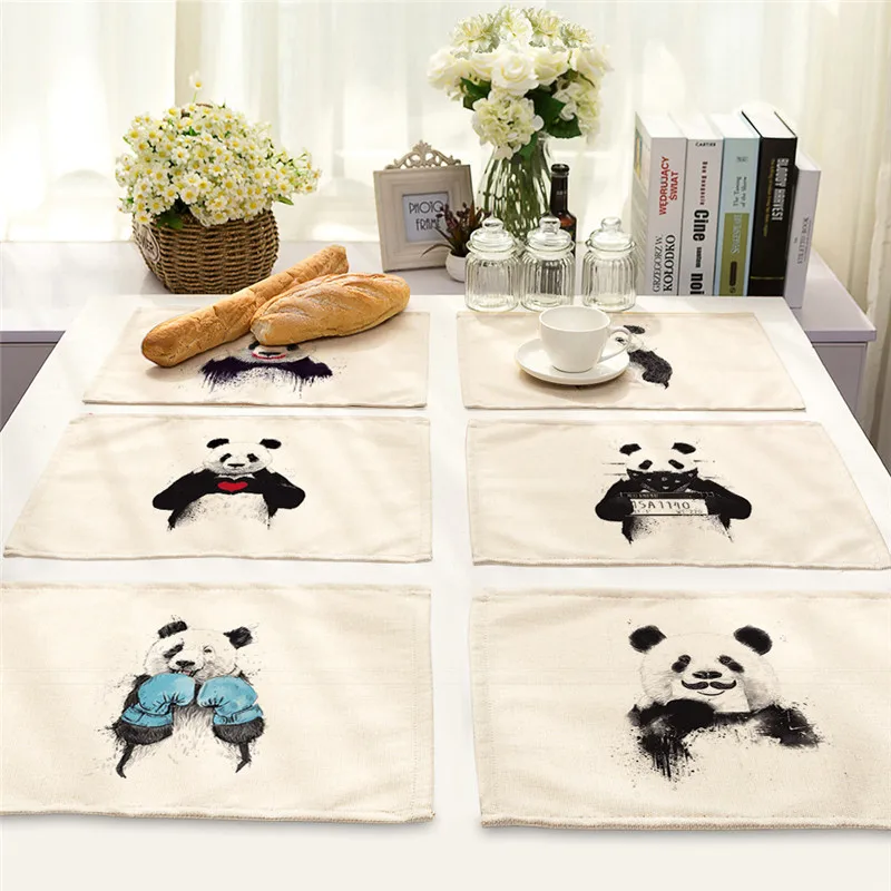 

Black White Panda Printing Placemat Animal Cotton Linen Tableware Insulation Pad Coaster Dining Table Decoration Drink Coasters