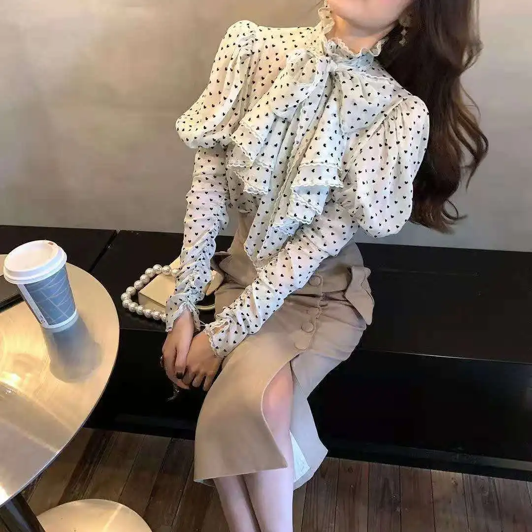 

Women Elegant Polka Dot Shirts Stand Collar Puff Long Sleeve Hit Color Ruffles Bowknot OL Blouses Female 2021 New
