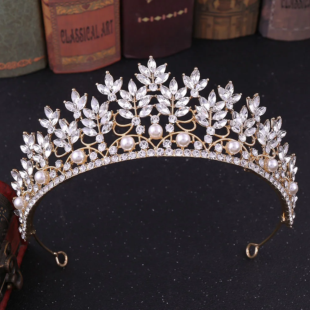 Gold white KMVEXO барокко Роскошный горный хрусталь свадебная тиара из жемчуга Корона диадема с кристаллами вуаль тиары свадебные аксессуары для волос головное украшение - Окраска металла: Gold white