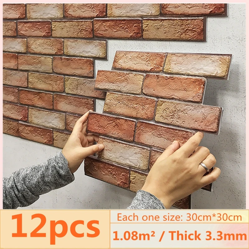 

12pcs 3D Brick Wall Sticker Self-Adhesive PVC Wallpaper for Bedroom Waterproof Oil-proof Kitchen Stickers DIY Home Wall Decor