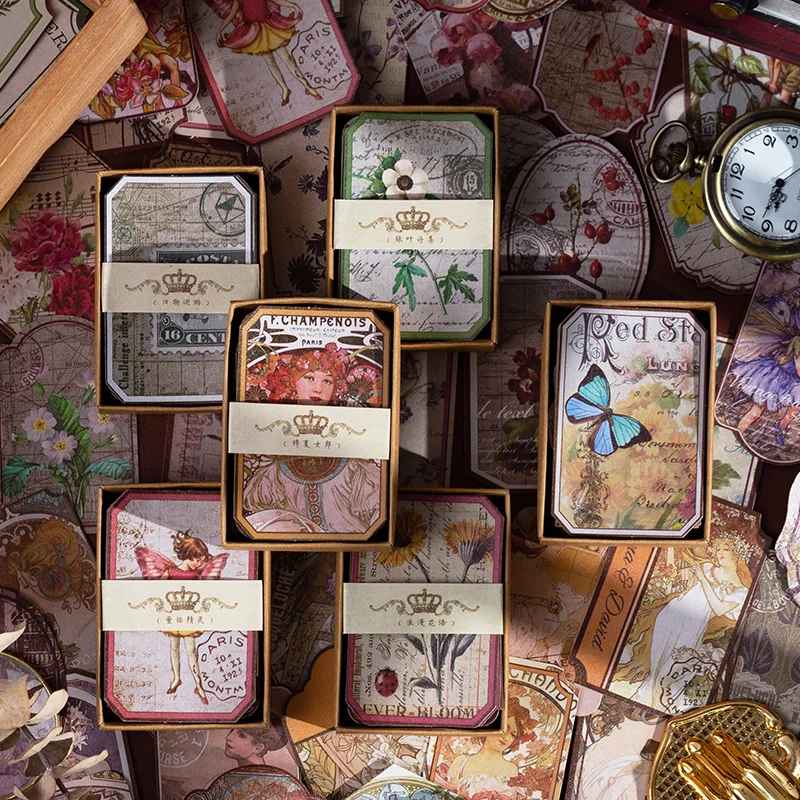 

60pcs/set Retro Plant Stickers Pack Vintage Kawaii Girl Flower Butterfly Scrapbooking Journal Album Deocrative Collage Stickers