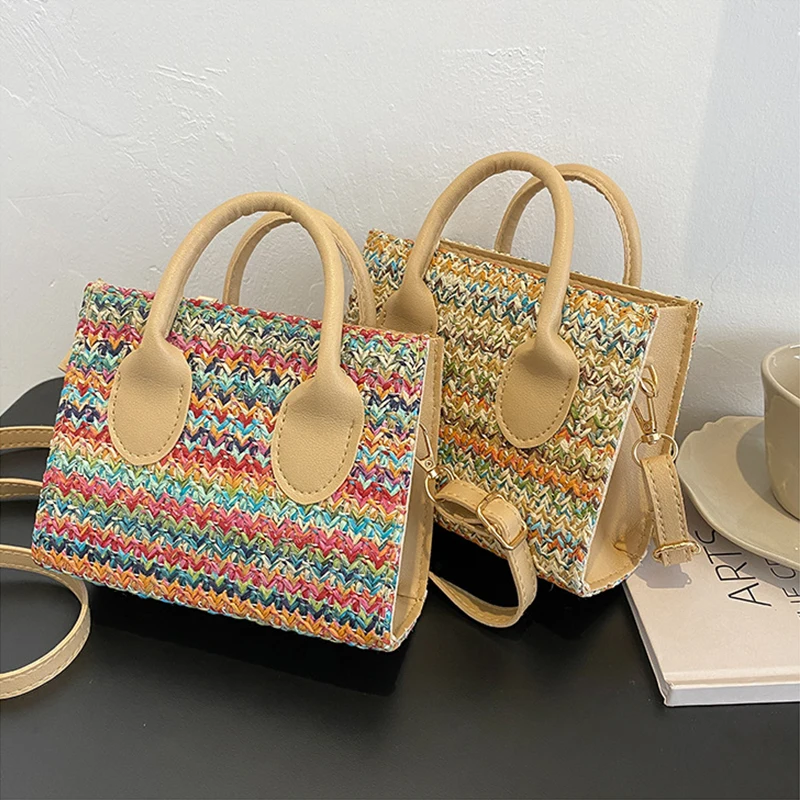 

Ladies Colorful Straw Woven Bag New Trend PU Leather Women's Shoulder Bag Fashion Texture Zipper Crossbody Bags for Women 2021