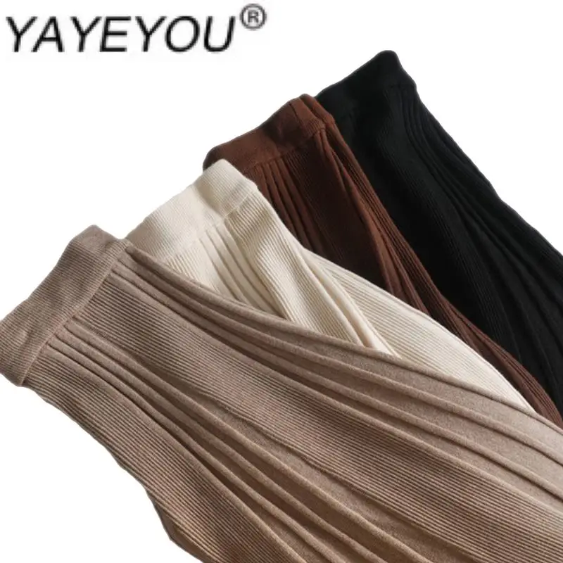 

YAYEYOU Spring vintage women thick sweater skirt elastic high waist pleated midi knitted skirt female solid elegant skirt