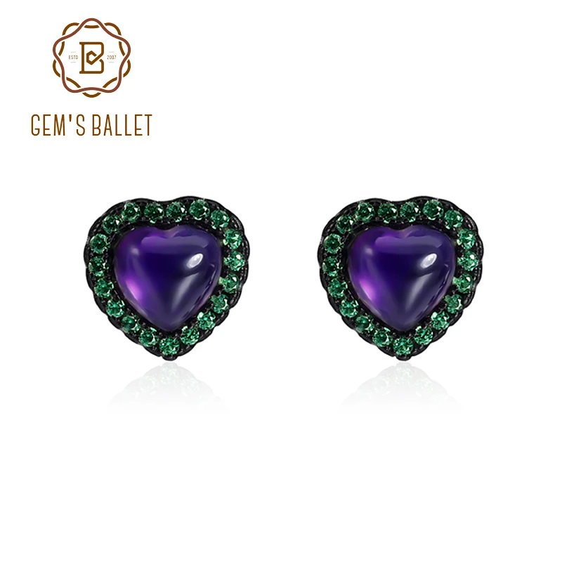 Женские серьги с натуральным аметистом и сердечками GEM'S BALLET из стерлингового